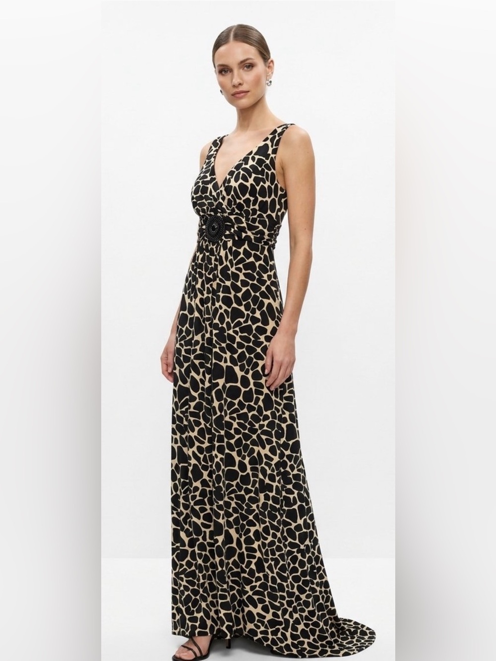 EN FOCUS STUDIO Womens Giraffe Print Maxi Dress Sz 12 Large V-Neck Sleeveless